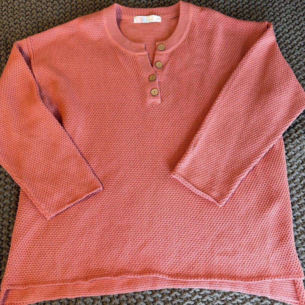 Free People Beach Hailee Waffle Knit Rosie Pink Henley Sweater Women Size L